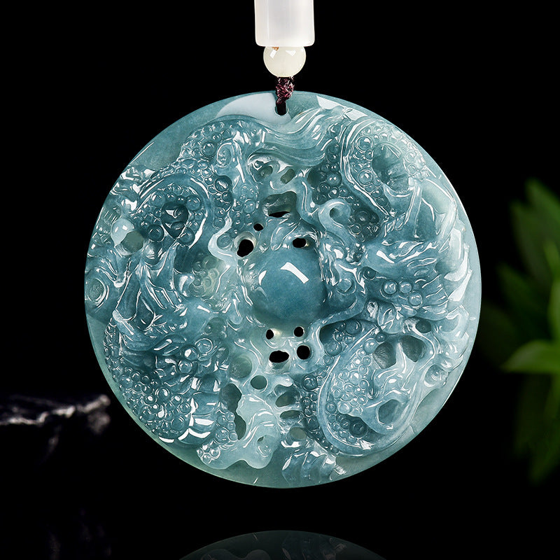 Natural Ice Blue Jadeite Double Dragon “Playing with the Pearl” Pendant – A-Grade Blue Water Jade Zodiac Dragon Talisman