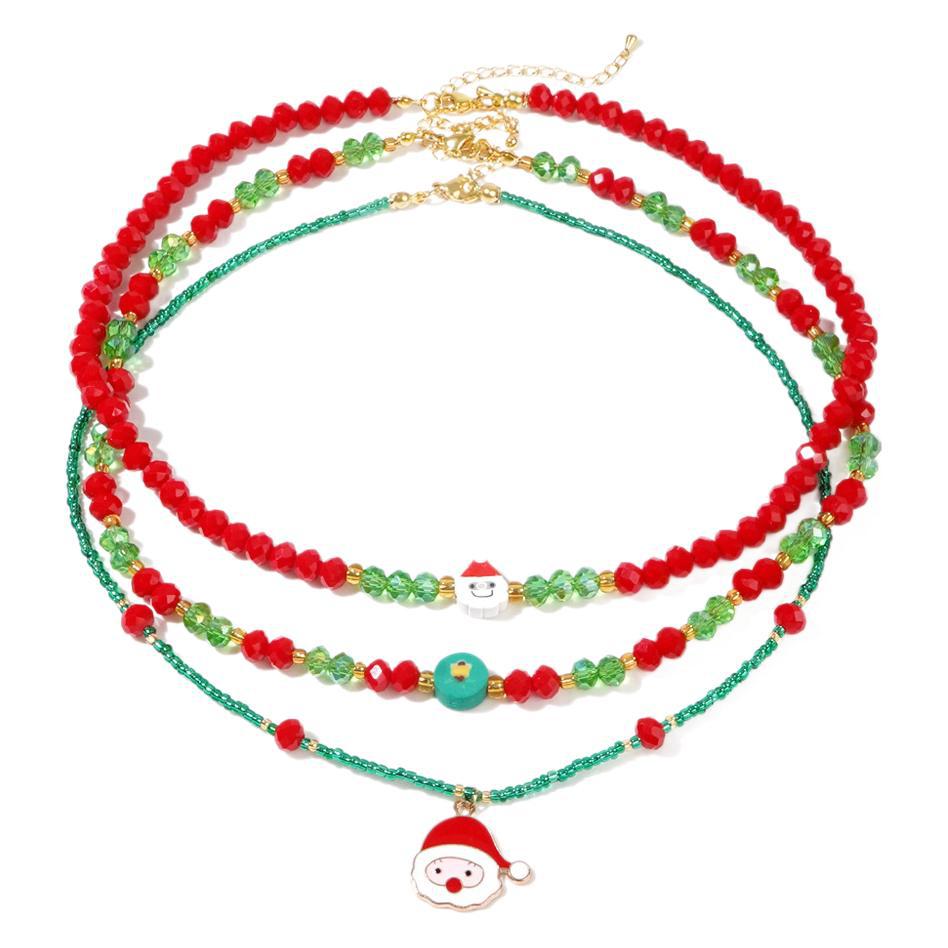 Niche Design Red-green Crystal Flat Bead Gold Rice Bead Christmas Necklace