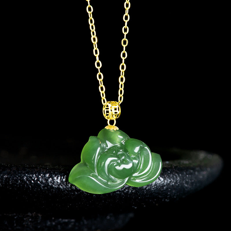 Authentic Hetian Green Jade Lotus Pendant for Women, 18K Gold Setting