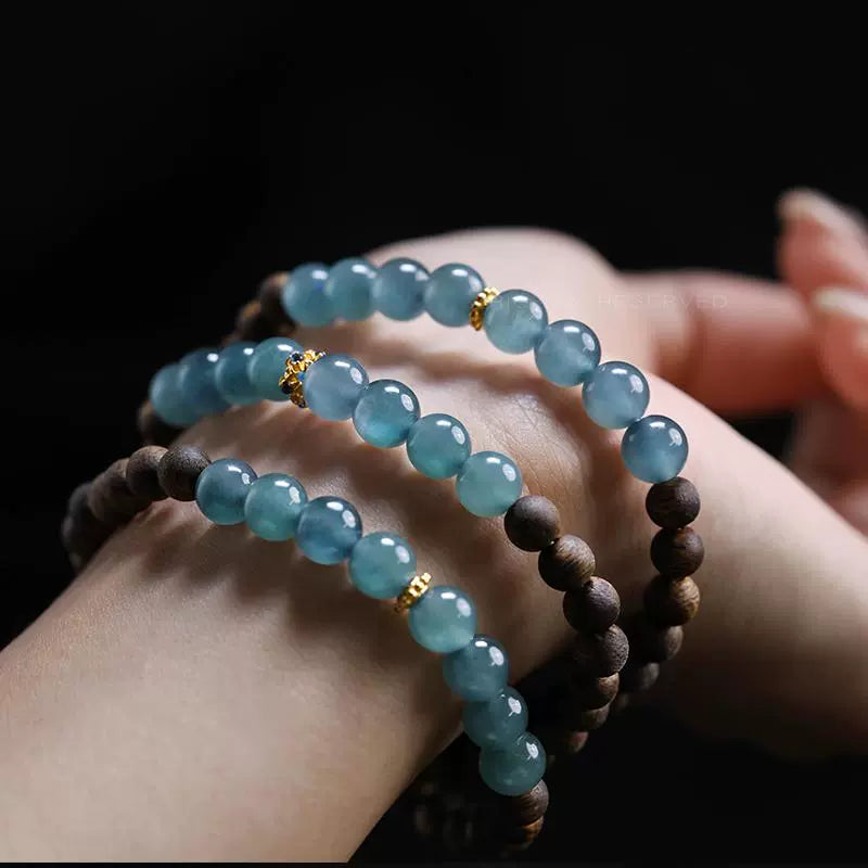 Natural Kyara Agarwood Bracelet with Premium Blue Water Ice Jadeite Multi-Layer Buddhist Prayer Beads