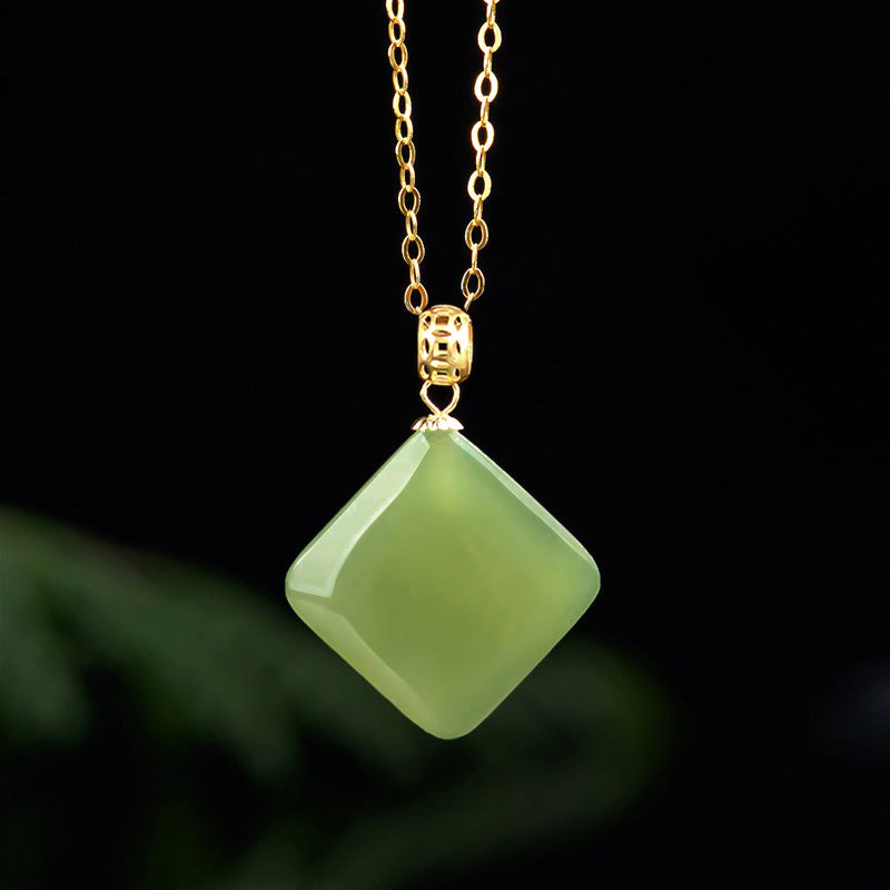 Natural Hetian Jade Square Pendant Necklace for Women