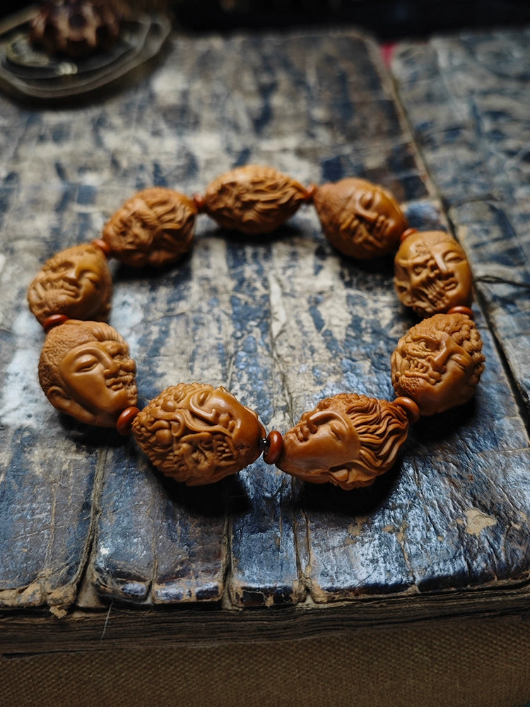 Buddha & Demon Carved Olive Pit  Beads Buddha Bracelet for Meditation