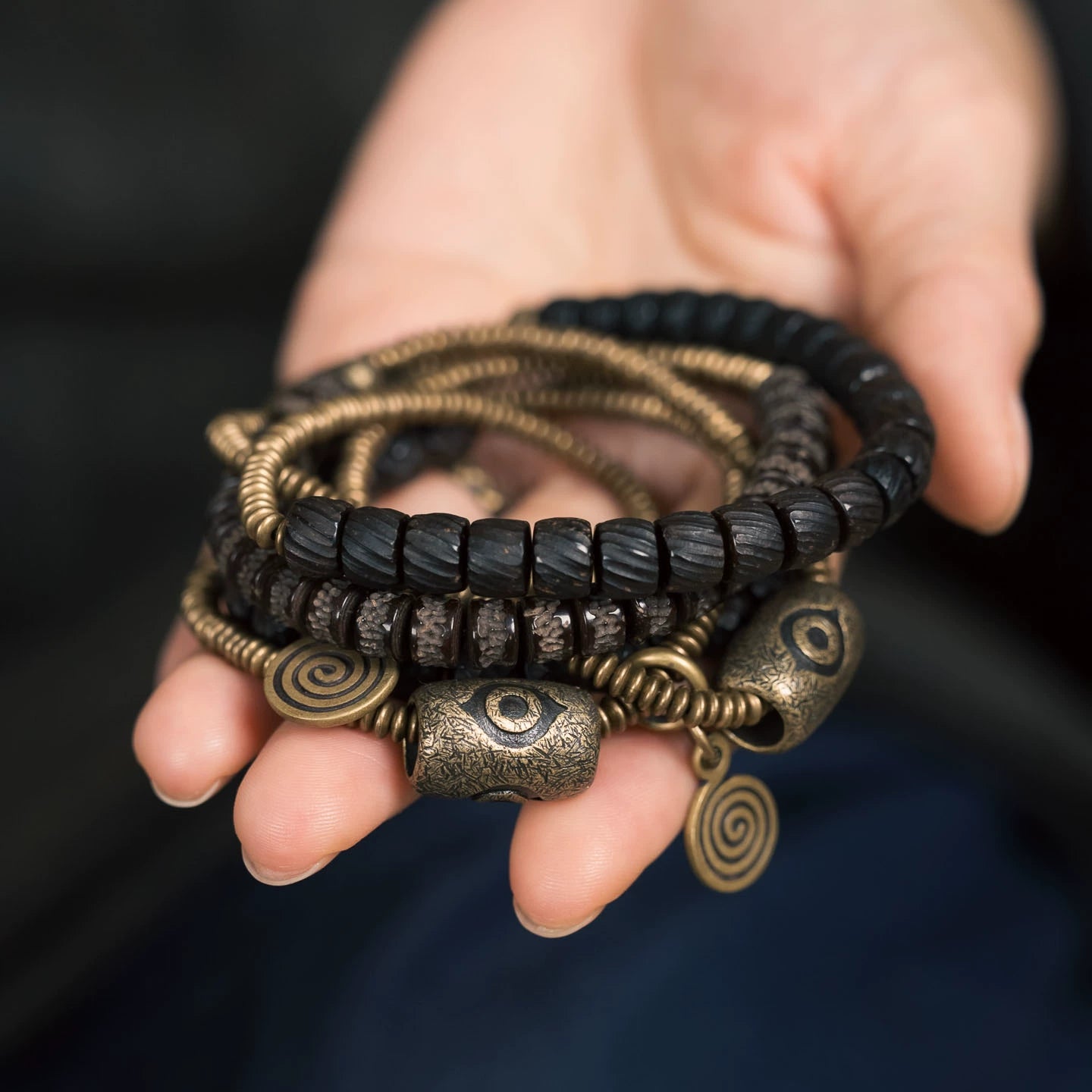 Tibetan Handmade Double-Wrap Coconut Shell & Brass Dzi Bracelet · Earthborn Wisdom, Sacred Protection