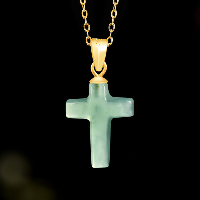 Natural A-Grade Blue Water Jade Cross Pendant for Women — S925 Sterling Silver Setting