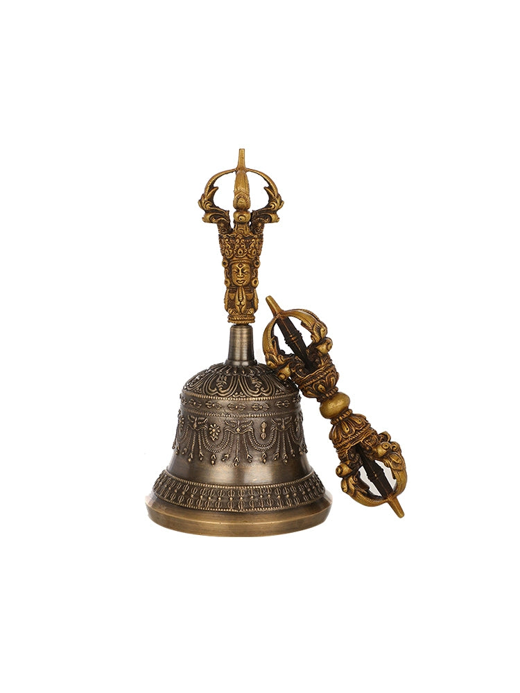 Nepalese Handmade Five-Pronged Vajra Bell and Dorje Set in Pure Copper (Model 6)