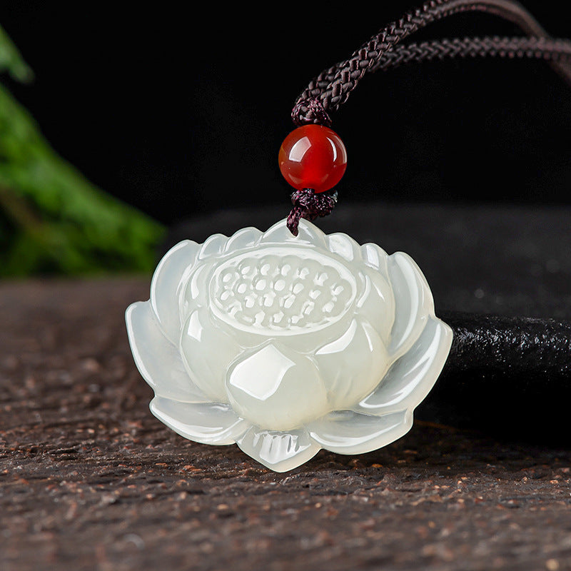 Natural Aged Hetian White Jade Lotus Pendant for Women