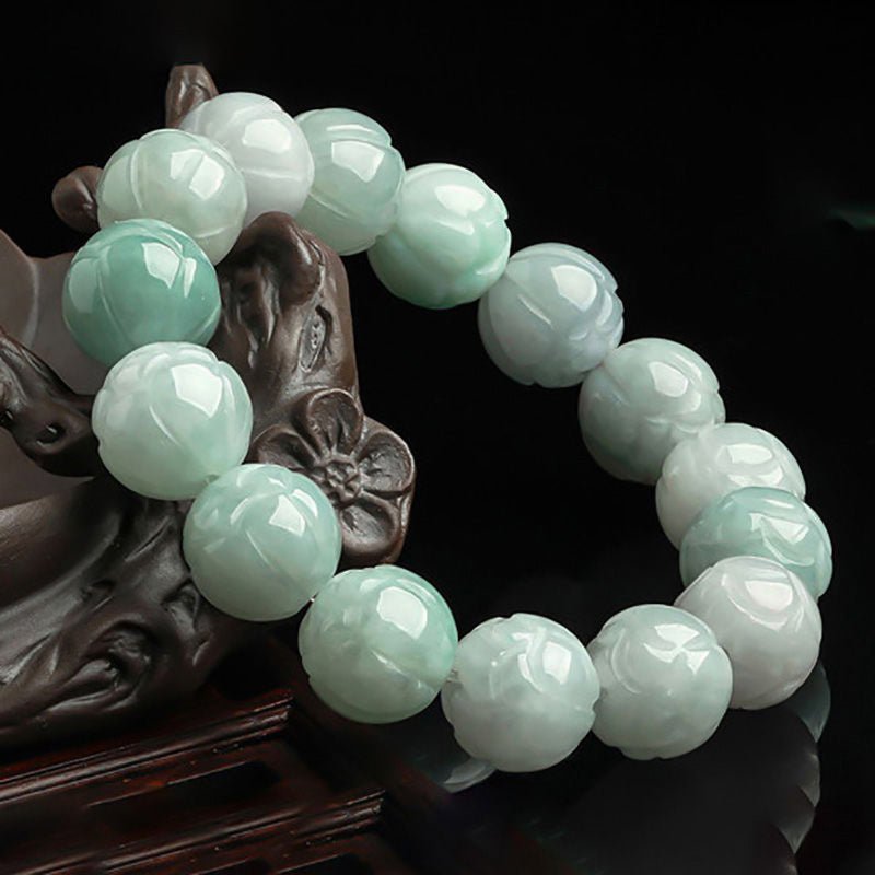 Natural Myanmar A-Grade Jadeite Lotus Bead Bracelet – Elegant Lotus Flower Design