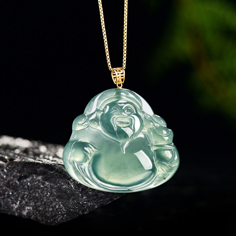 Natural Blue Water Jadeite Cai Shen Pendant – A-Grade Jade, 18K Gold Setting, Auspicious Wealth Talisman