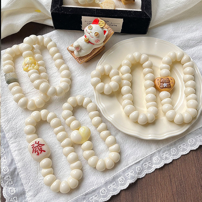 White Jade Bodhi Garlic-Clove Fidget Bracelet – Carved Charm Beads