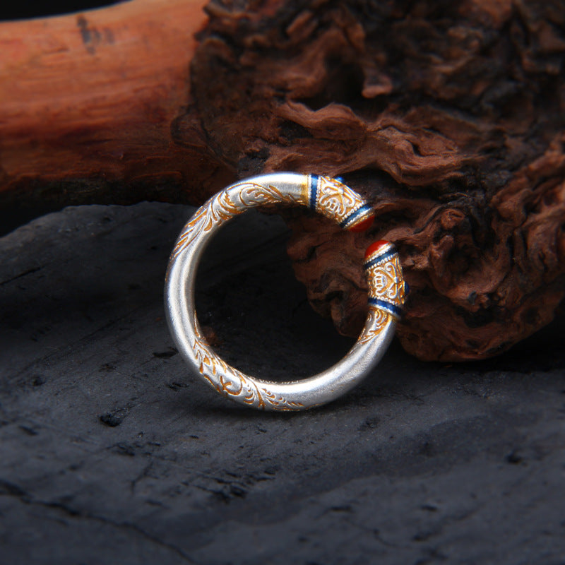 999 Pure Silver Gold-Inlaid Honeysuckle Pattern Ring