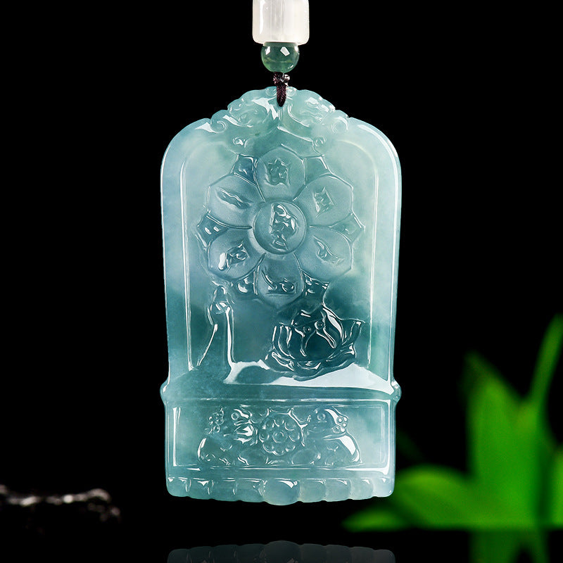 Natural Blue Water Jadeite Manjushri Pendant – A-Grade Jade, Zodiac Rabbit Guardian Talisman, Spiritual Amulet