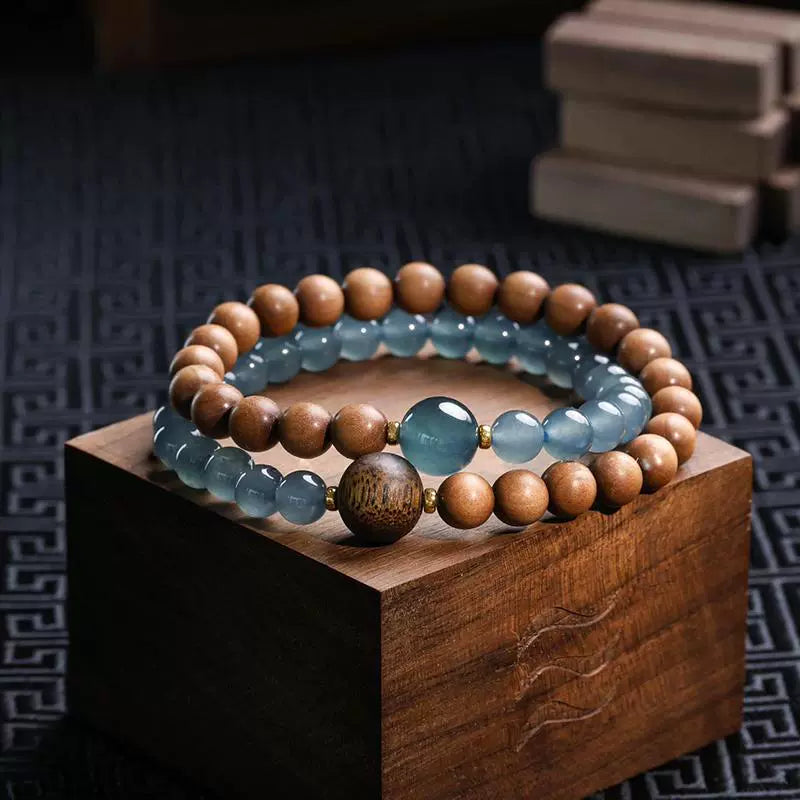Premium Blue Ice Jadeite Double-Layer Bracelet with Authentic Mysore Old Sandalwood Prayer Beads