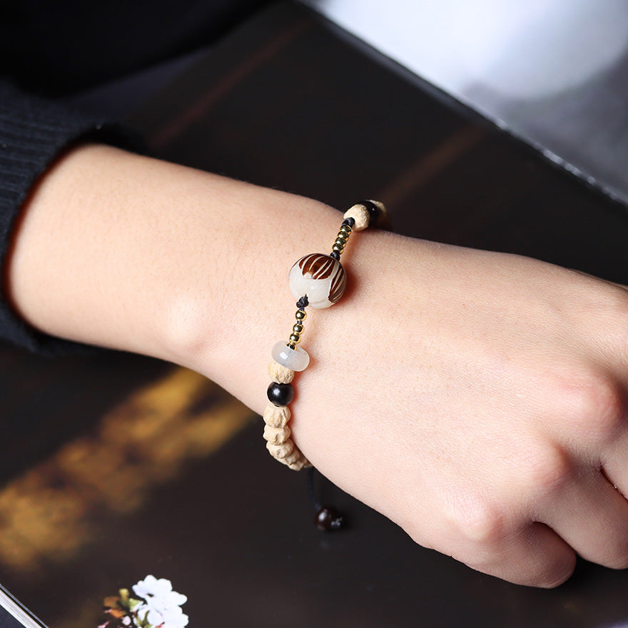 Tibetan-Style Direct-Cut Cypress Seed Braided Bracelet with Carved Bodhi Lotus Bead