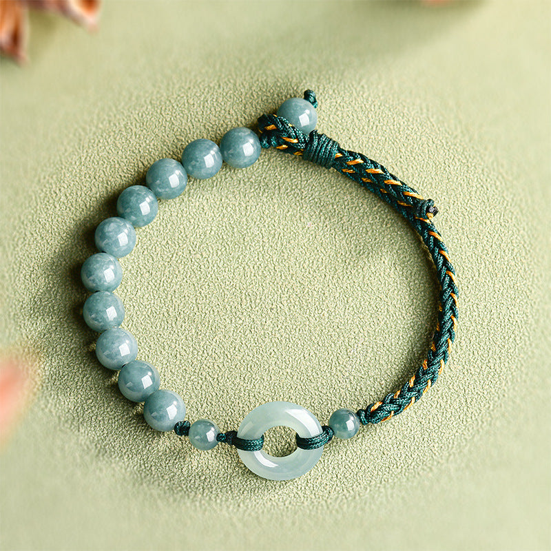 Natural A-Grade Blue Jadeite Peace Ring Handwoven Bracelet for Women