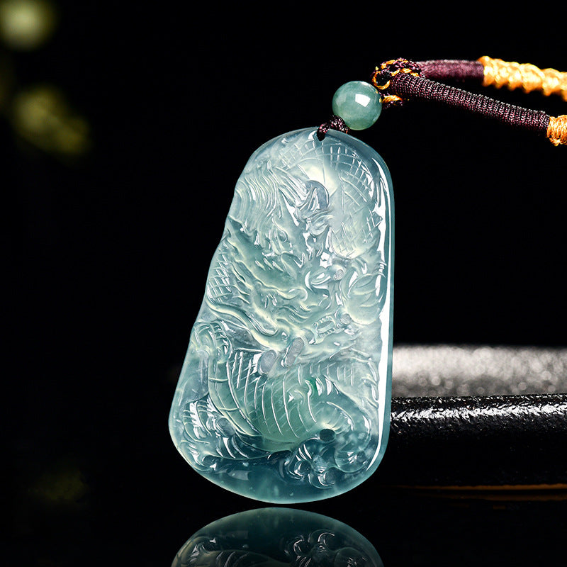 Natural Ice Blue Jadeite Dragon “Soaring Across the Four Seas” Pendant – Genuine A-Grade Blue Water Jade Zodiac Dragon Talisman