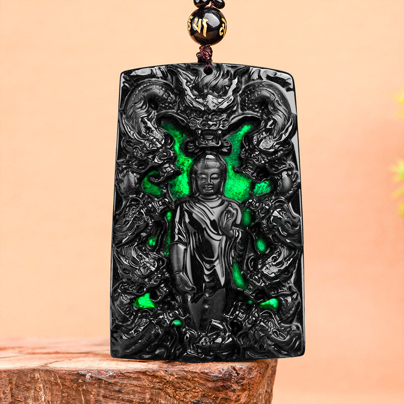 Natural A-Grade Black Jadeite Amitabha Buddha Nine Dragons "Supreme Self-Mastery" Pendant Unisex