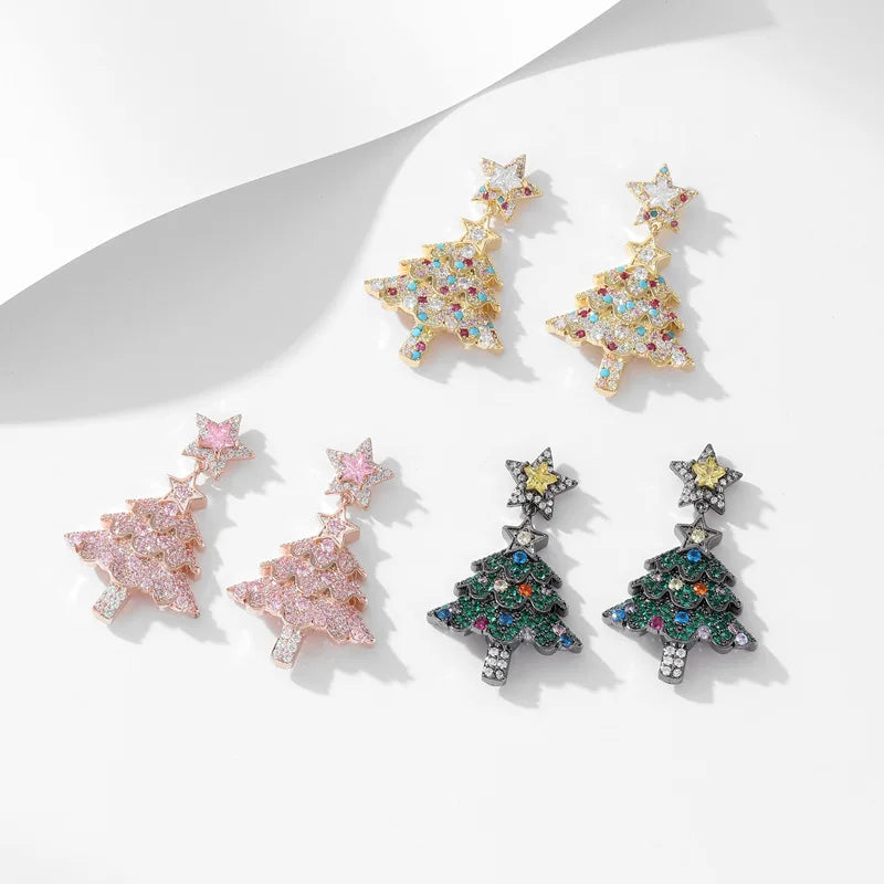 Fashion Temperament Earrings Christmas Tree Earrings with Colored Zircon Inset