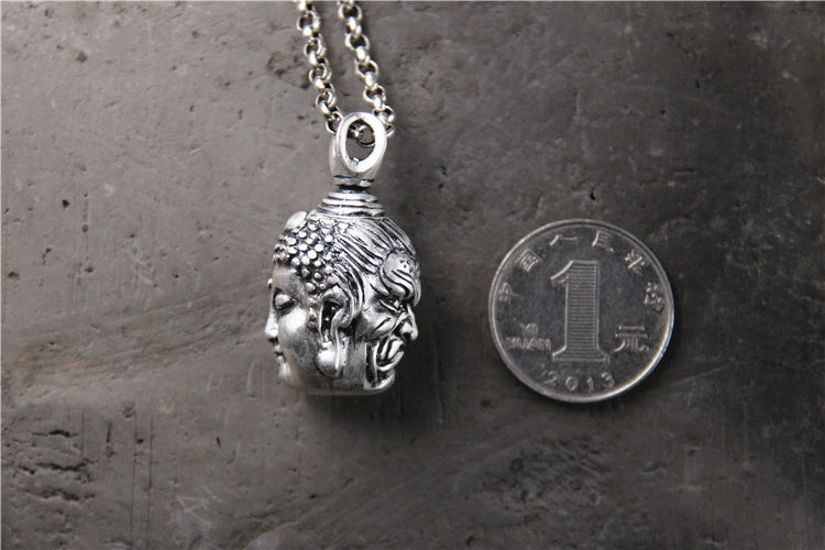 S999 Sterling Silver Necklace Double-Sided Buddha and Demon Pendant