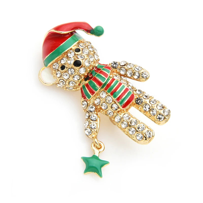 Full Rhinestone Bear Brooch Christmas Hat Enamel Pin for Women Holiday Gift