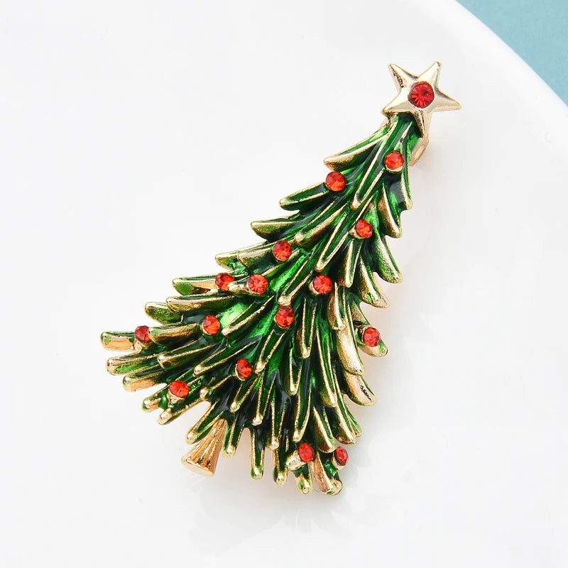 New Enamel Christmas Tree Brooch for Women Rhinestone Tree Pin New Year Holiday Gift