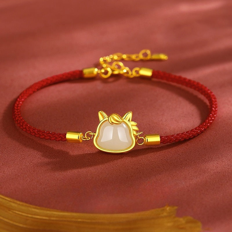 Women’s S925 Silver Hetian Jade Cute Horse Red String Bracelet, 2026 Year of the Horse Jewelry