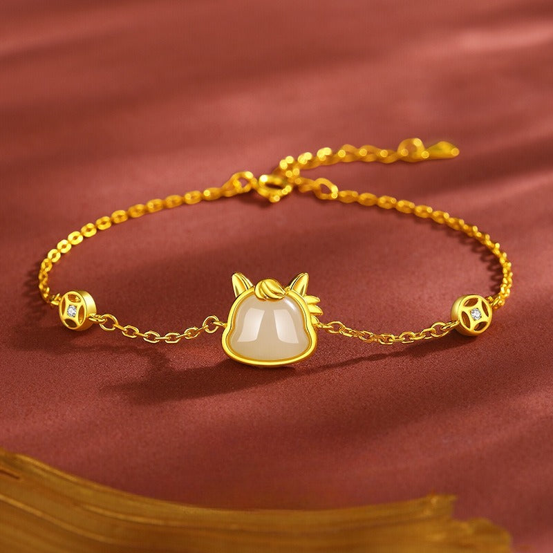 Natural Hetian Jade & Red Agate Horse Bracelet for Women, 925 Silver Chinese Zodiac Jewelry