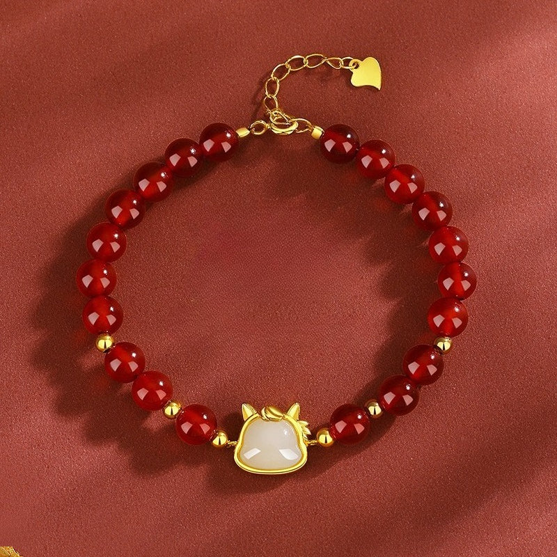 Women’s S925 Silver Red Agate Lucky Horse Bracelet, Retro Chinese Zodiac Year Jewelry