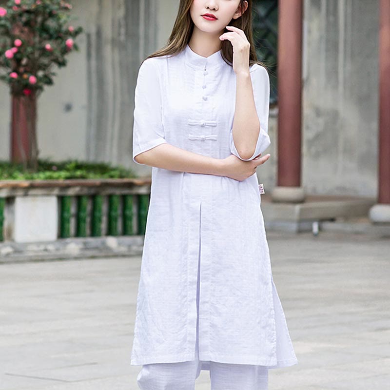 2Pcs Half Sleeve Shirt Top Pants Meditation  Tai Chi Linen Clothing Women's Set