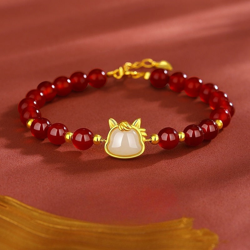 Women’s S925 Silver Red Agate Lucky Horse Bracelet, Retro Chinese Zodiac Year Jewelry