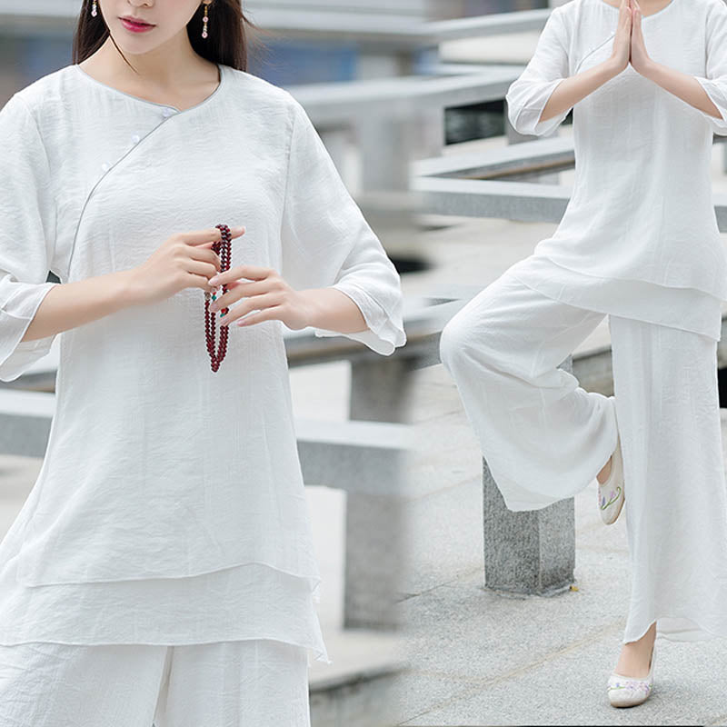 2Pcs Simple Design White Top Pants Meditation Yoga  Tai Chi Cotton Linen Clothing Women's Set