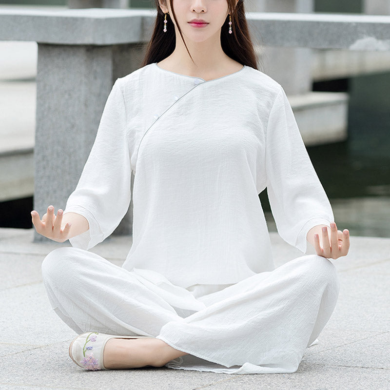 2Pcs Simple Design White Top Pants Meditation Yoga  Tai Chi Cotton Linen Clothing Women's Set