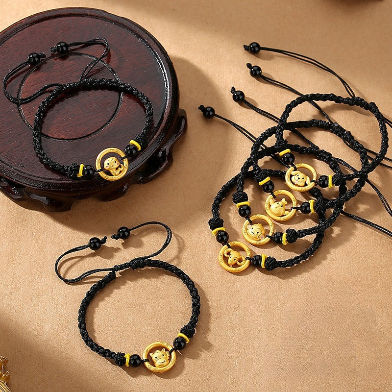 Women’s S925 Silver Peace Circle 12 Chinese Zodiac Bracelet – Woven Black Cord