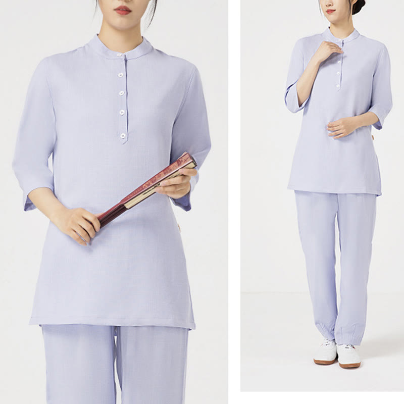 2Pcs Solid Color Three Quarter Shirt Top Pants Meditation  Tai Chi Cotton Linen Clothing Women's Set