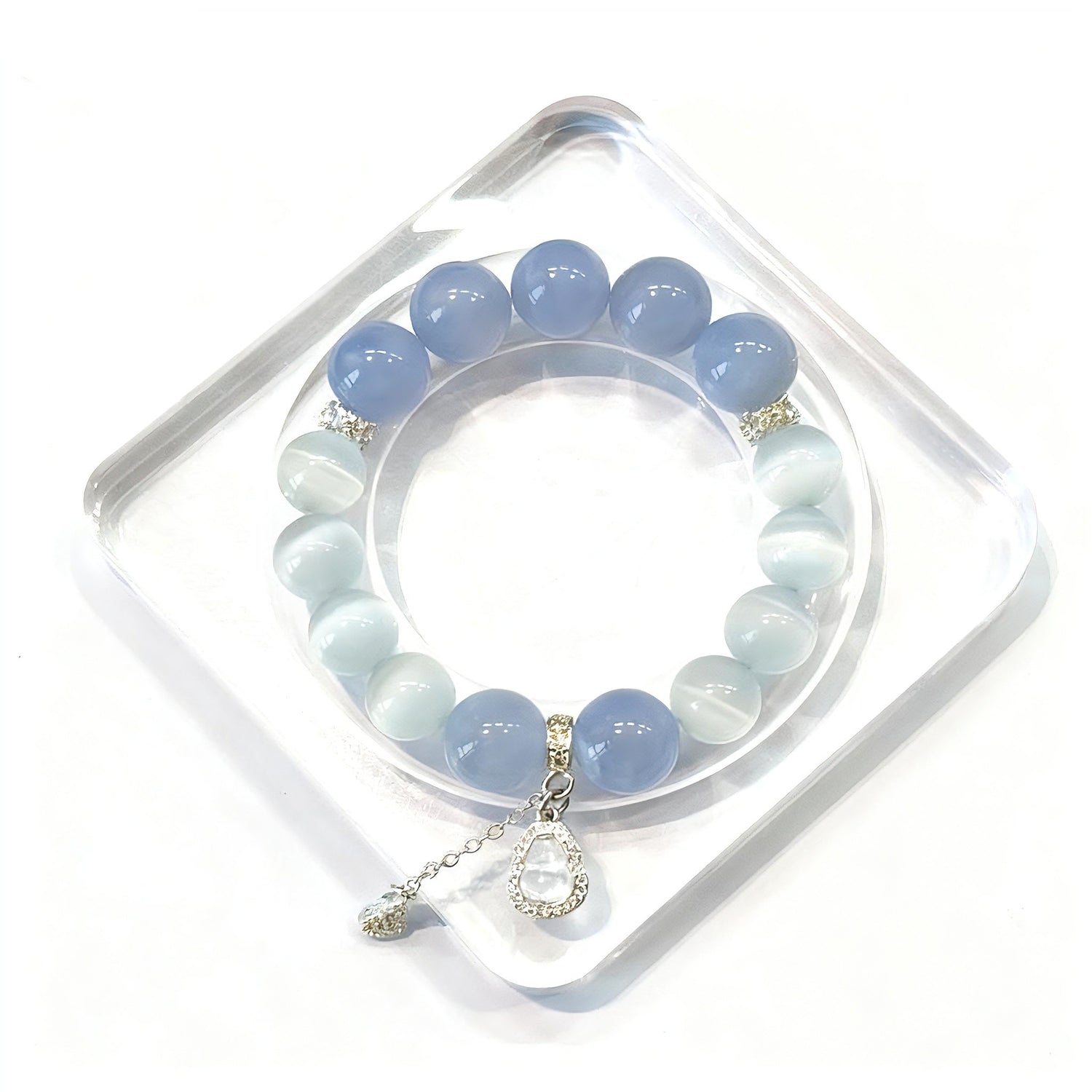 White Cat Eye & Blue Chalcedony Crystal Bracelet with Gourd-Shaped Charm – DIY Custom Bracelet