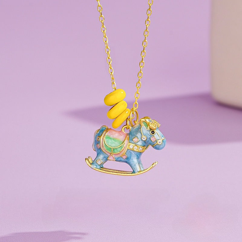 Wooden Horse Necklace for Women – S925 Silver Macaron Enamel Mini Horse Pendant Celebrating the Year of the Horse