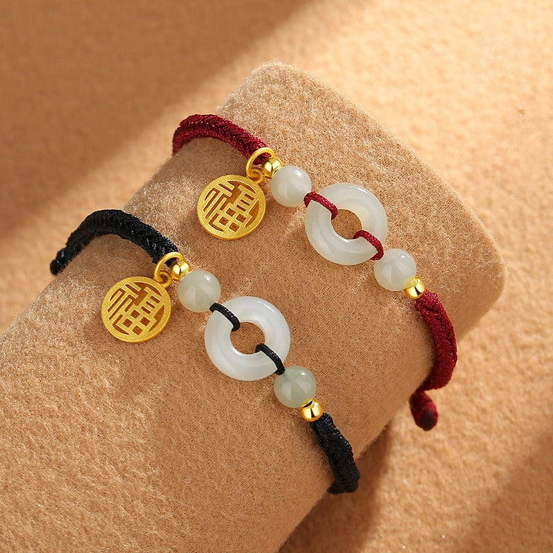 Hetian Jade Peace Circle Couple Bracelet with S925 Silver Accents
