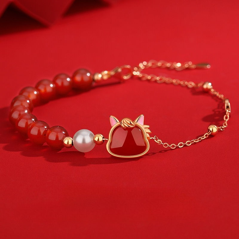 Women’s S925 Silver Cute Horse Jewelry Set – Red Agate Zodiac Horse Bracelet, Necklace, Earrings