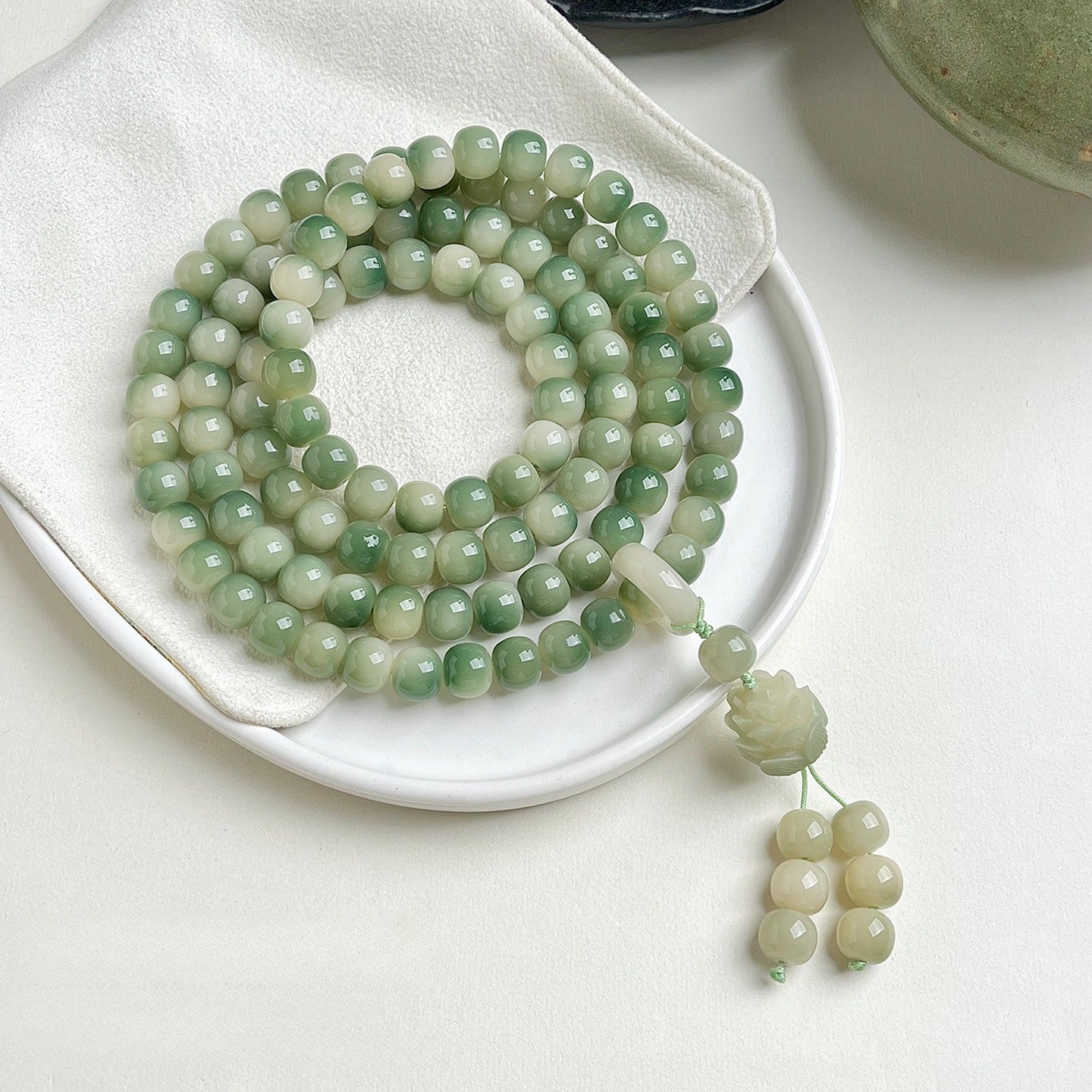 Emerald Green Bodhi Root 108-Bead Mala Bracelet for Women