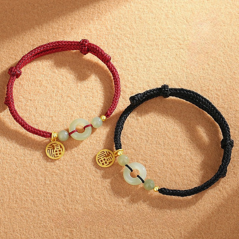 Hetian Jade Peace Circle Couple Bracelet with S925 Silver Accents