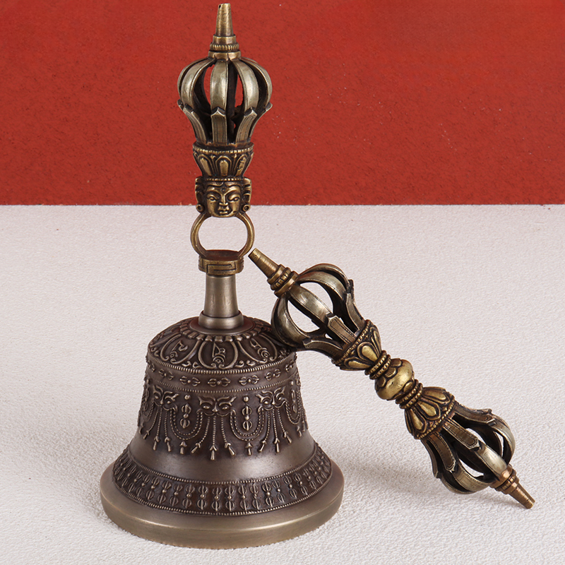 Nepalese Handmade Nine-Pronged Vajra Bell and Dorje Set in Pure Copper (Model 2)