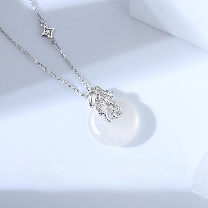 Women’s S925 Silver Star Dream Horse Peace Circle Necklace, White Jade Zodiac Horse Jewelry