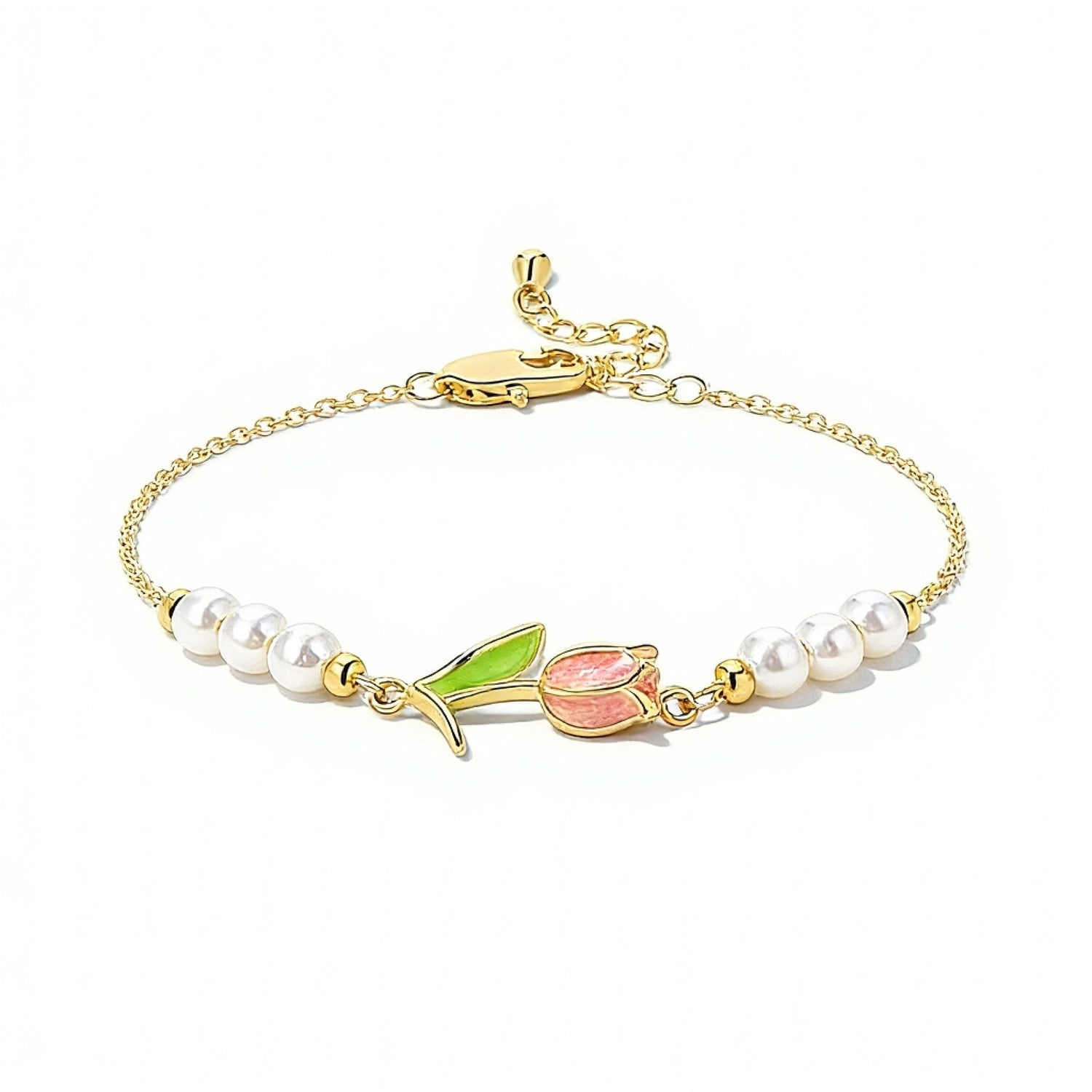 Gold Tulip Pearl Flower Bracelet