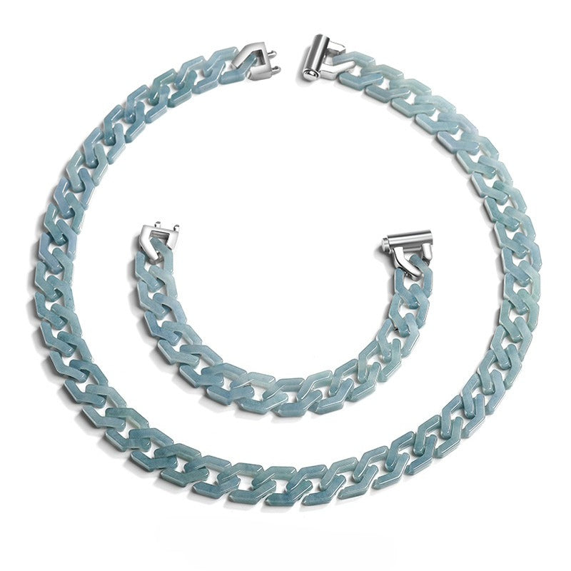 Natural A-Grade Blue Water Jadeite Cuban Link Chain Bracelet & Necklace – Hip-Hop Style Titanium Steel Jewelry for Men & Women