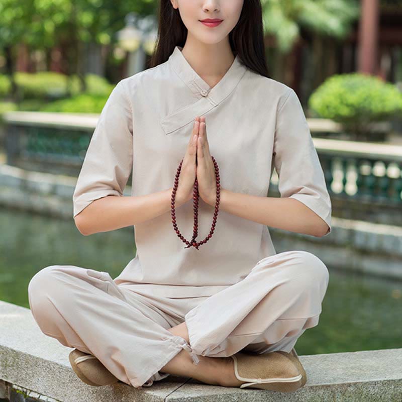 2Pcs Half Sleeve V-Neck Shirt Top Pants Meditation  Tai Chi Linen Clothing Women's Set