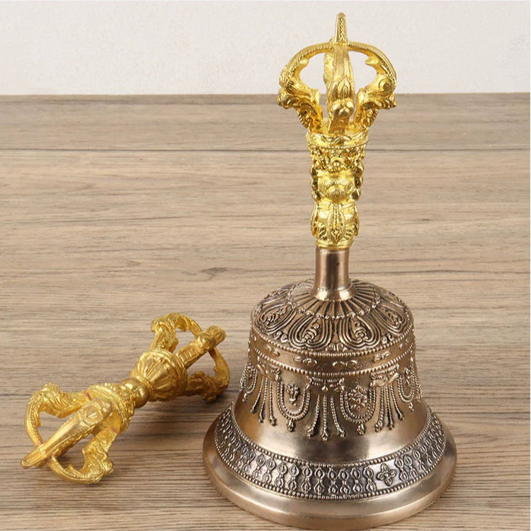 Nepalese Handmade Five-Pronged Vajra Bell and Dorje Set in Pure Copper (Model 4)