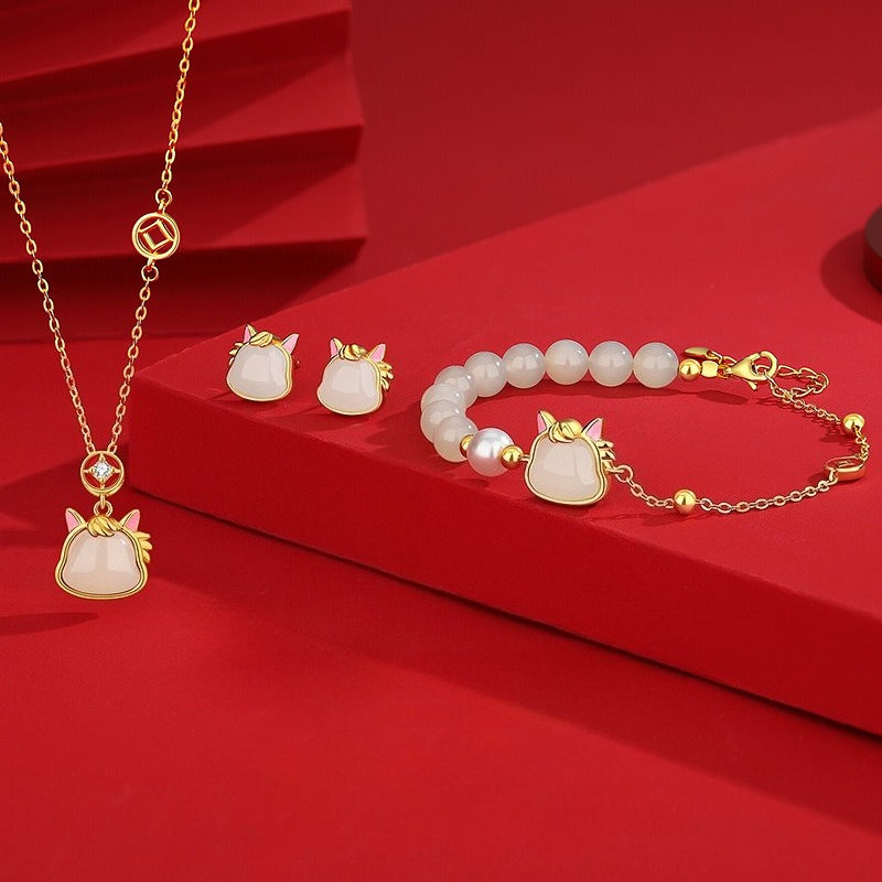 Natural Hetian Jade Mini Horse Head Jewelry Set – Necklace, Bracelet & Earrings for Women