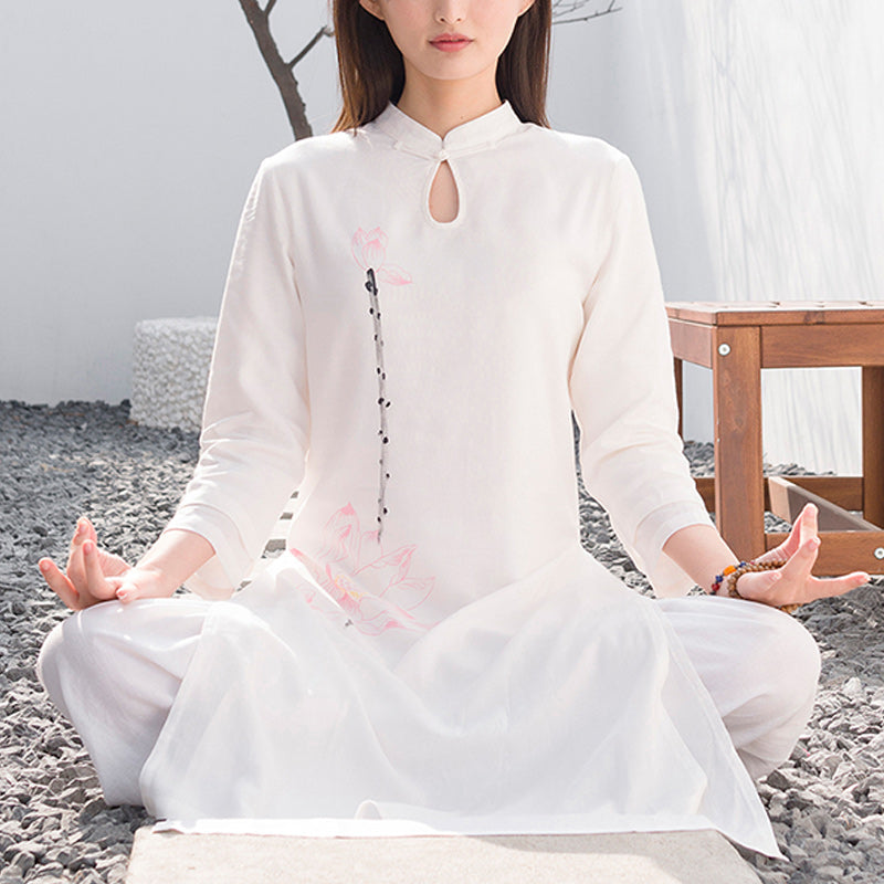 2Pcs Lotus Pattern Tai Chi Meditation Yoga Cotton Linen Clothing Top Pants Women's Set