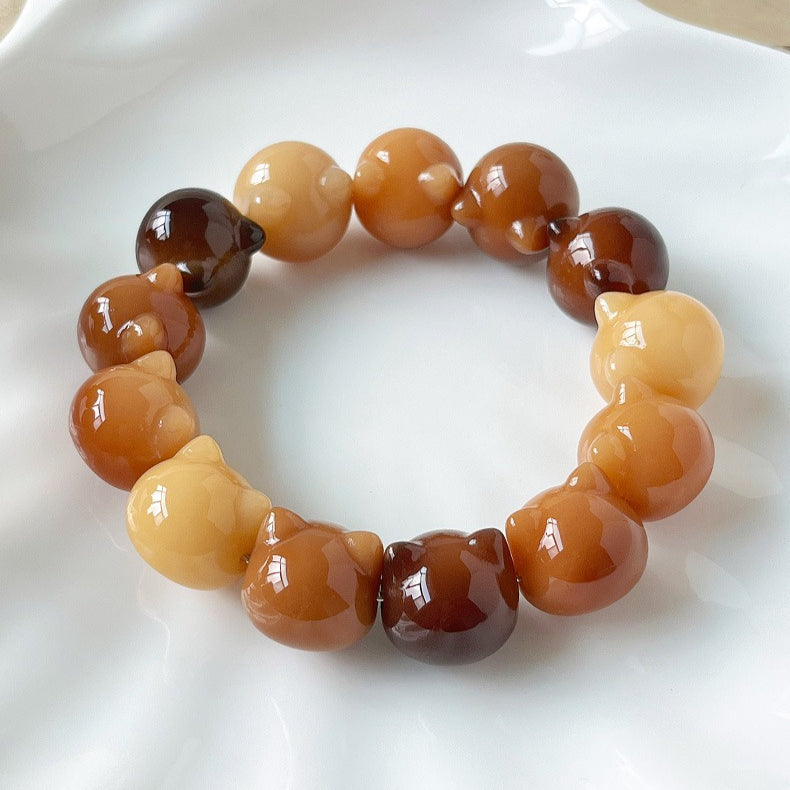 Gradient Weathered Cute Cat Head Bodhi Root Fidget Bracelet