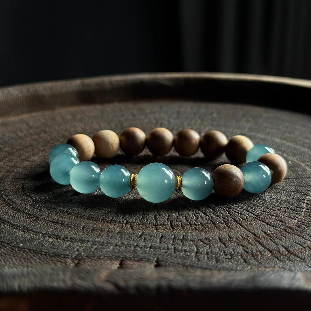 Natural Blue Water Jadeite Bracelet with 10mm Beads & Indian Old Sandalwood – Single Wrap, Unisex