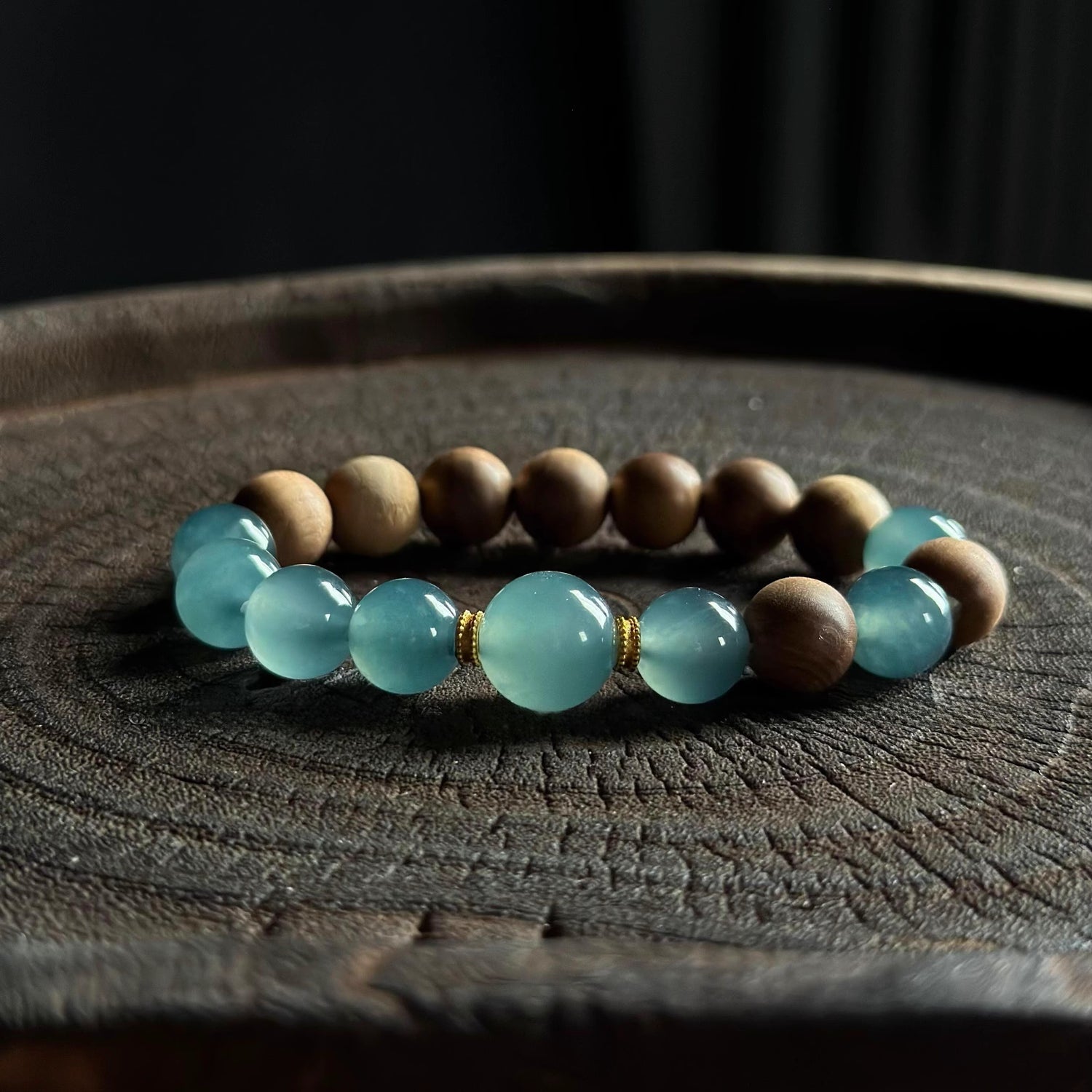 Natural Blue Water Jadeite Bracelet with 10mm Beads & Indian Old Sandalwood – Single Wrap, Unisex